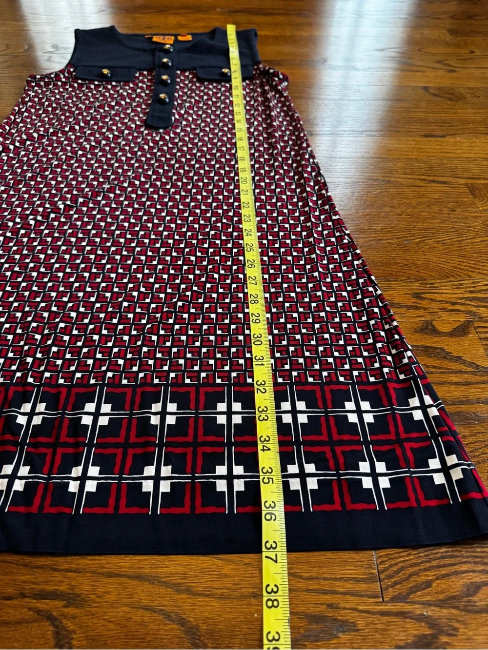 Tory Burch Knit Shift Dress M Sleeveless Geometric Navy Red White Pockets size M